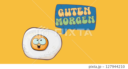 Guten morgen Good Morning in German quote with cute egg character and groovy retro text isolated on pink background. Vector Guten morgen funny slogan and morning cute fried egg. Banner, poster 127944210