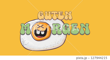 Guten morgen Good Morning in German quote with cute egg character and groovy retro text isolated on pink background. Vector Guten morgen funny slogan and morning cute fried egg. Banner, poster Guten morgen Good Morning in German quote with cute egg character and groovy retro text isolated on pink background. Vector Guten morgen funny slogan and morning cute fried egg. Banner, poster 127944215