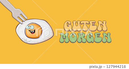 Guten morgen Good Morning in German quote with cute egg character and groovy retro text isolated on pink background. Vector Guten morgen funny slogan and morning cute fried egg. Banner, poster Guten morgen Good Morning in German quote with cute egg character and groovy retro text isolated on pink background. Vector Guten morgen funny slogan and morning cute fried egg. Banner, poster 127944218