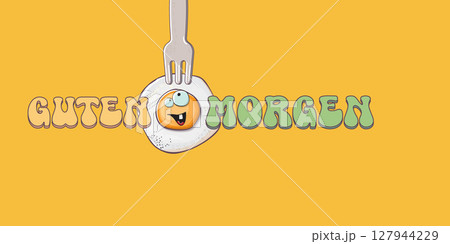 Guten morgen Good Morning in German quote with cute egg character and groovy retro text isolated on pink background. Vector Guten morgen funny slogan and morning cute fried egg. Banner, poster 127944229