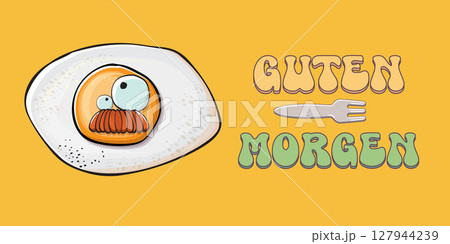 Guten morgen Good Morning in German quote with cute egg character and groovy retro text isolated on pink background. Vector Guten morgen funny slogan and morning cute fried egg. Banner, poster Guten morgen Good Morning in German quote with cute egg character and groovy retro text isolated on pink background. Vector Guten morgen funny slogan and morning cute fried egg. Banner, poster 127944239