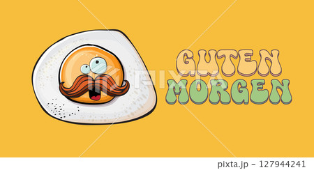 Guten morgen Good Morning in German quote with cute egg character and groovy retro text isolated on pink background. Vector Guten morgen funny slogan and morning cute fried egg. Banner, poster 127944241