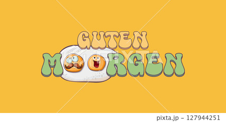 Guten morgen Good Morning in German quote with cute egg character and groovy retro text isolated on pink background. Vector Guten morgen funny slogan and morning cute fried egg. Banner, poster Guten morgen Good Morning in German quote with cute egg character and groovy retro text isolated on pink background. Vector Guten morgen funny slogan and morning cute fried egg. Banner, poster 127944251