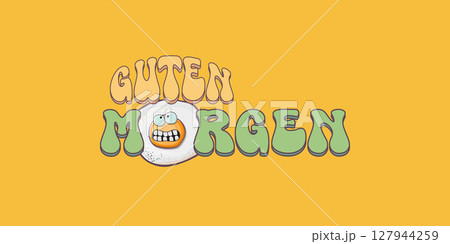Guten morgen Good Morning in German quote with cute egg character and groovy retro text isolated on pink background. Vector Guten morgen funny slogan and morning cute fried egg. Banner, poster Guten morgen Good Morning in German quote with cute egg character and groovy retro text isolated on pink background. Vector Guten morgen funny slogan and morning cute fried egg. Banner, poster 127944259