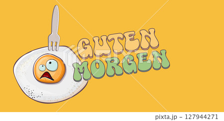Guten morgen Good Morning in German quote with cute egg character and groovy retro text isolated on pink background. Vector Guten morgen funny slogan and morning cute fried egg. Banner, poster 127944271