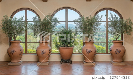 Villa interior showcasing olive trees in decorative clay pots, framed by large arched windows revealing scenic countryside view, rustic elegance defined 127944538