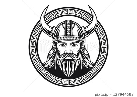 Black and white portrait of a frowning angry Celtic warrior in a horned helmet, Viking or Gallic warrior, Black and white portrait of a frowning angry Celtic warrior in a horned helmet, Viking or Gallic warrior, 127944598