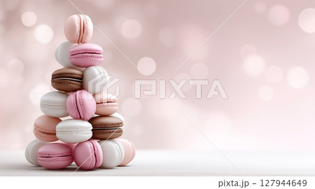 Macaron tower with pastel colors showcased on a soft background 127944649