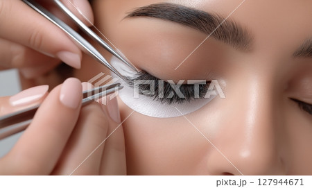 Applying eyelash extensions in a beauty salon during a professional treatment 127944671