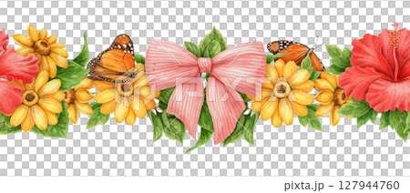 Seamless border with Monarch butterfly and hibiscus flower in vibrant summer theme. Hand drawn watercolor with yellow and pink details. Ideal for card design tropical holiday and floral decoration. Seamless border with Monarch butterfly and hibiscus flower in vibrant summer theme. Hand drawn watercolor with yellow and pink details. Ideal for card design tropical holiday and floral decoration. 127944760