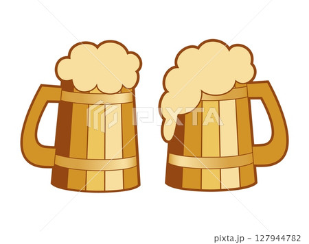 Wooden mugs set with beer foam, cartoon flat vector illustration Wooden mugs set with beer foam, cartoon flat vector illustration 127944782