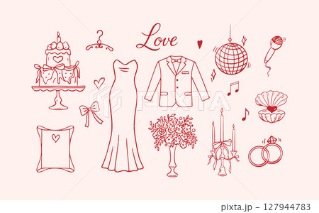 Wedding doodle icon set. Romantic hand drawn love elements in red and pink for cards and packaging. Vector illustration 127944783