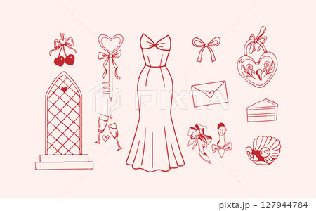 Wedding doodle icon set. Romantic hand drawn love elements in red and pink for cards and packaging. Vector illustration Wedding doodle icon set. Romantic hand drawn love elements in red and pink for cards and packaging. Vector illustration 127944784