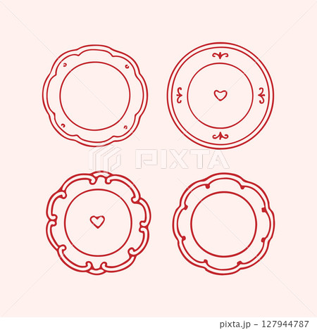 Set of hand drawn doodle plates in red color. Romantic plates for a holiday in sketch style. Tableware for wedding, Valentines day, Birthday. Vector illustration 127944787