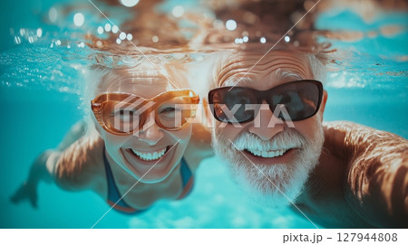 Elderly couple smiling while swimming in clear blue water 127944808