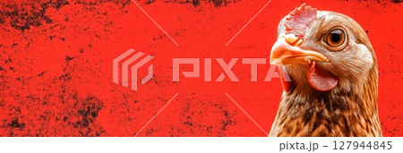 Close-up of a hen with vibrant red background during daylight 127944845