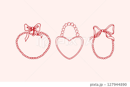 Set of hand drawn vintage romantic frames. Wreaths of pearls and bows in red. Doodle sketch style. Vector illustration 127944890
