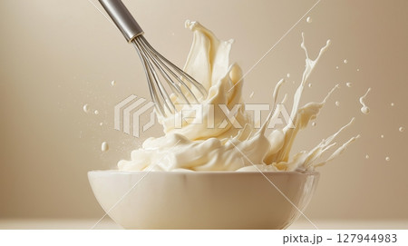 Whipping Cream Process. Airy Peaks in Ceramic Bowl (Close-Up) Whipping Cream Process. Airy Peaks in Ceramic Bowl (Close-Up) 127944983