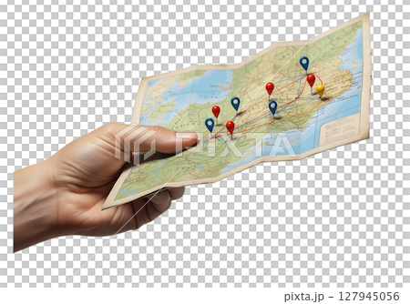 Hand holding folded map with marked route and location pins, isolated on transparent background, travel planning, navigation, adventure journey concept Hand holding folded map with marked route and location pins, isolated on transparent background, travel planning, navigation, adventure journey concept 127945056