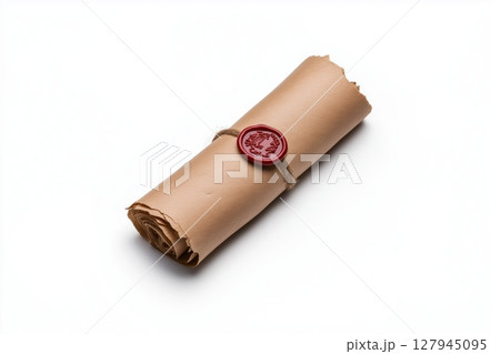 Ancient scroll tied with twine and sealed with wax at an unknown location 127945095