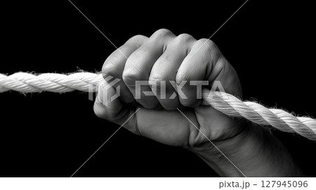 Strong hand gripping a thick rope in a dramatic black and white composition 127945096