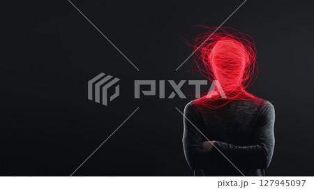 A person wrapped in red threads, symbolizing anxiety and emotional entanglement 127945097