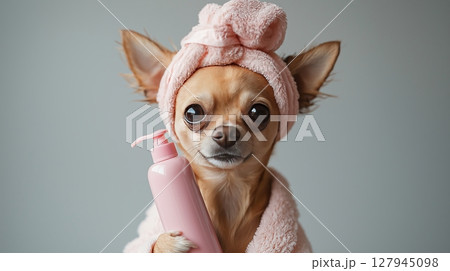 Chihuahua in pink towel and headband holding a mockup bottle of shampoo 127945098