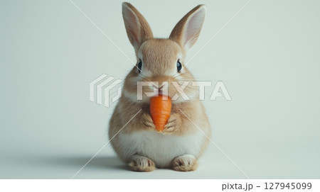 An adorable rabbit holding a small carrot in its paws 127945099