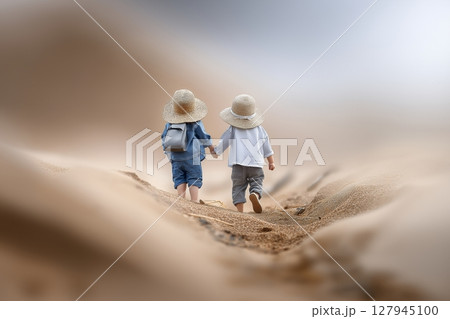 Two children walking hand in hand on a sandy path during daytime 127945100