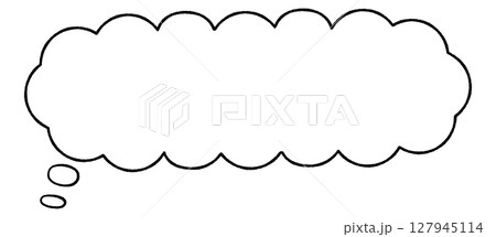 線画手書き風のシンプルなかなり横長吹き出し　思考 　もくもく　しっぽ左　モノクロ 127945114