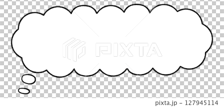 線画手書き風のシンプルなかなり横長吹き出し　思考 　もくもく　しっぽ左　モノクロ 127945114