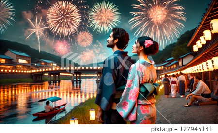 浴衣を着て、日本の花火大会を見る外国人カップル 日本の夏、インバウンド 127945131