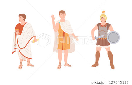 Ancient Rome citizens in traditional clothing and sandals set cartoon vector illustration 127945135
