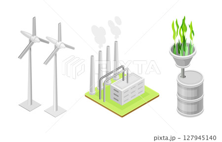 Clean energy production. Sources of renewable environment friendly electricity production isometric vector illustration Clean energy production. Sources of renewable environment friendly electricity production isometric vector illustration 127945140