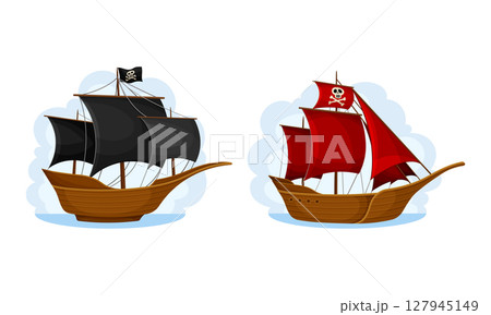 Pirate ship with black and red sails set. Vintage sailing ships floating on water cartoon vector illustration Pirate ship with black and red sails set. Vintage sailing ships floating on water cartoon vector illustration 127945149