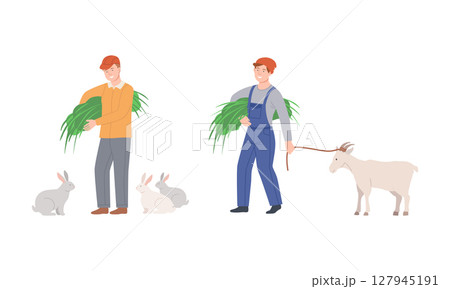 Farmers doing various works on farm. Agricultural workers feeding farm animals cartoon vector illustration Farmers doing various works on farm. Agricultural workers feeding farm animals cartoon vector illustration 127945191