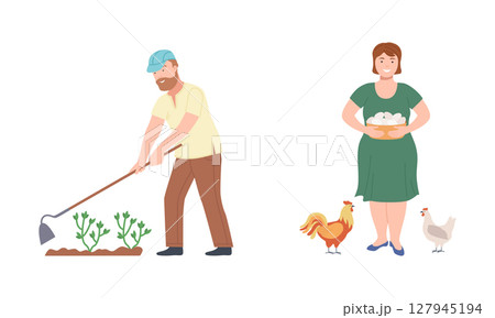 Farmers doing various works on farm. Agricultural workers working on field and feeding poultry birds cartoon vector illustration 127945194