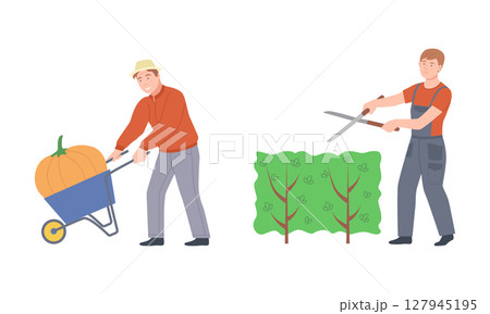 Farmers doing various works on farm. Agricultural workers harvesting pumpkins and cutting hedge cartoon vector illustration 127945195