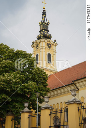 The Bell Tower of Cathedral Church of St. Michael the Archangel is a main Serbian Orthodox cathedral church in the centre of Belgrade, Serbia 127945213