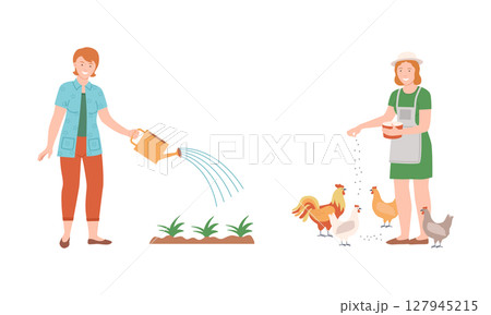 Farmers doing various works on farm. Agricultural workers farmer watering plants and feeding chickens cartoon vector illustration 127945215