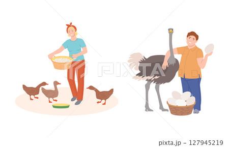 Farmers doing various works on farm. Agricultural workers feeding poultry birds cartoon vector illustration 127945219