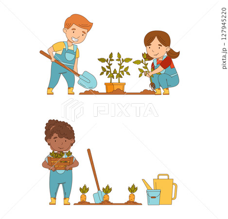 Cute kids working on farm set. Children planting seedlings and digging carrots cartoon vector illustration isolated on white background. Cute kids working on farm set. Children planting seedlings and digging carrots cartoon vector illustration isolated on white background. 127945220