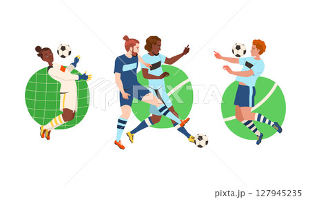 Illustrations of Dynamic Soccer Players Capturing Action on the Field with Great Energy 127945235