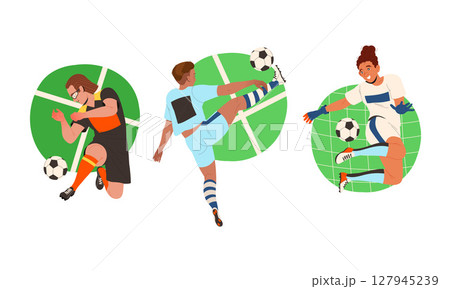 Illustrations Depicting Dynamic Soccer Players Engaged in HighEnergy Action On The Field Illustrations Depicting Dynamic Soccer Players Engaged in HighEnergy Action On The Field 127945239
