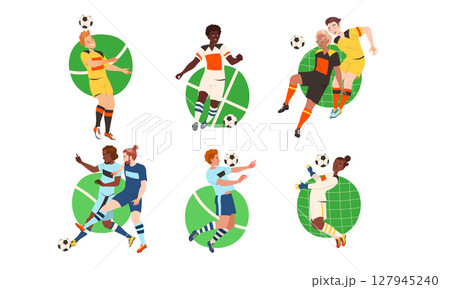 Exciting Dynamic Soccer Actions Featuring a Variety of Diverse Players in Colorful Kits Exciting Dynamic Soccer Actions Featuring a Variety of Diverse Players in Colorful Kits 127945240