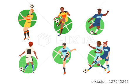 Dynamic Illustrations of Soccer Players in Action, Showcasing Energy and Skillful Moves 127945242