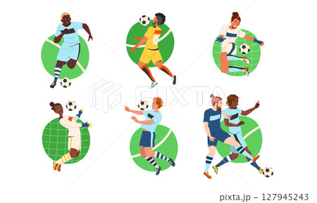 Dynamic Soccer Illustrations Depicting Various Players Engaged in Exciting Action Moments 127945243