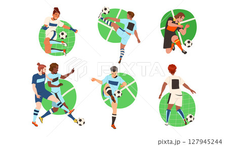 Dynamic Illustrations of Soccer Players Exhibiting Various Actions in Competitive Settings Dynamic Illustrations of Soccer Players Exhibiting Various Actions in Competitive Settings 127945244
