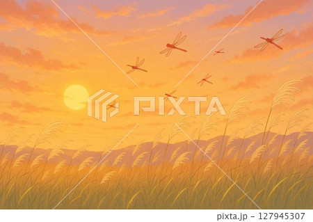夕焼け 赤蜻蛉 ススキ野原 夕焼け 赤蜻蛉 ススキ野原 127945307