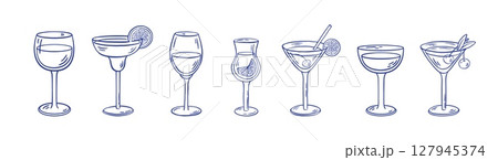Hand-drawn cocktail and wine glass set vector illustration. Doodle sketch style drinks with margarita, martini, wine, and mocktail, limonchello. Perfect for bar, menus, party, invitations, restaurant 127945374